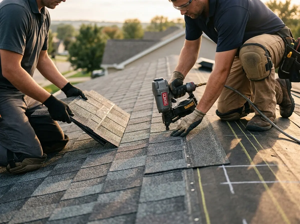 Professional roofer working on a residential roof in Atkinson